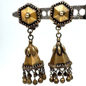 Ethnic Vintage Earrings Gold-Toned Traditional Clip-On Dangling Bells